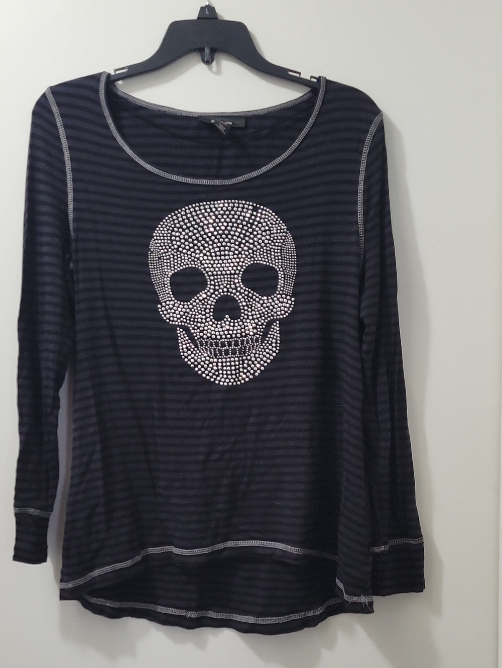 Style & Co. Black Striped Long-Sleeve Top with Rhinestone Skull